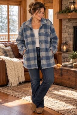 Oversized Blue Gray Plaid Fuzzy Shacket Jacket Cozy Cabin Core Layering Large